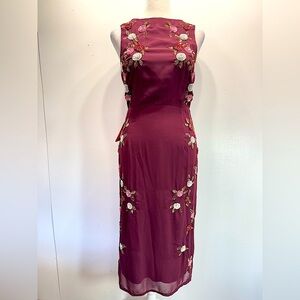 Burgundy Sleeveless Midi Dress Sequined Flowers Open Back Party Elegant Wedding